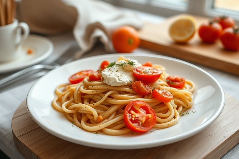Pasta met burrata en tomaat