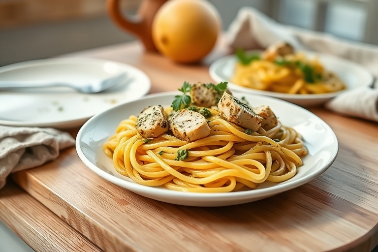 Pasta met kip en pesto
