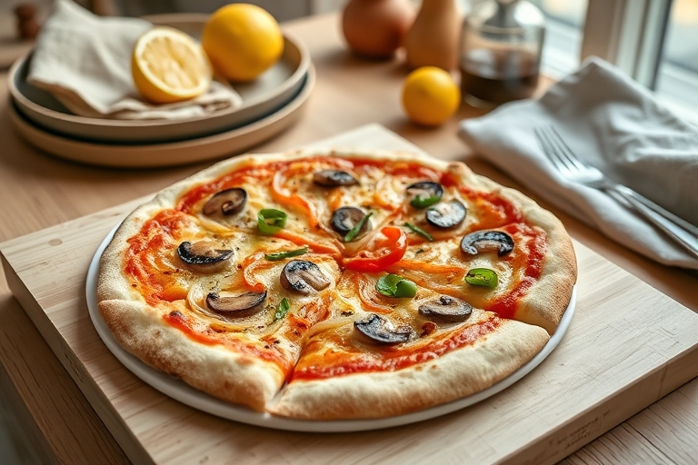 Pizza met ui, paprika en champignons