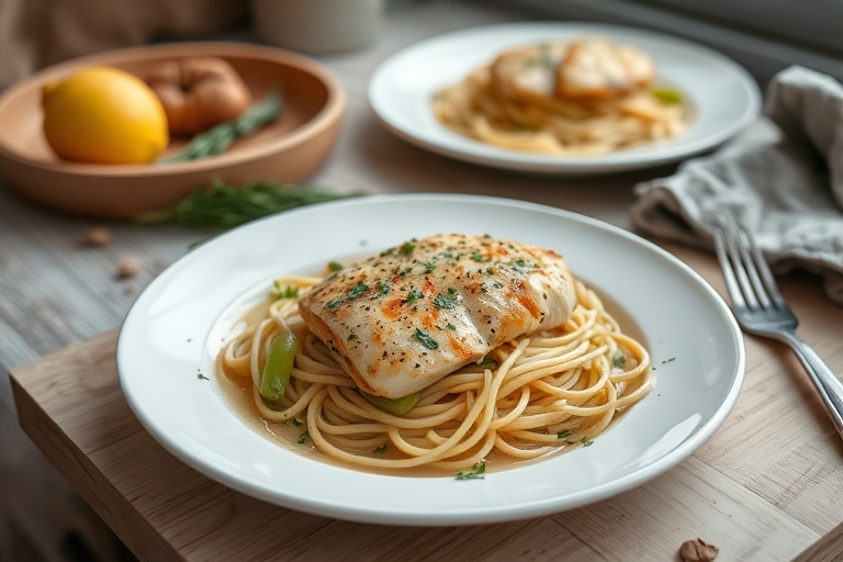 Kipfilet met preisaus en pasta