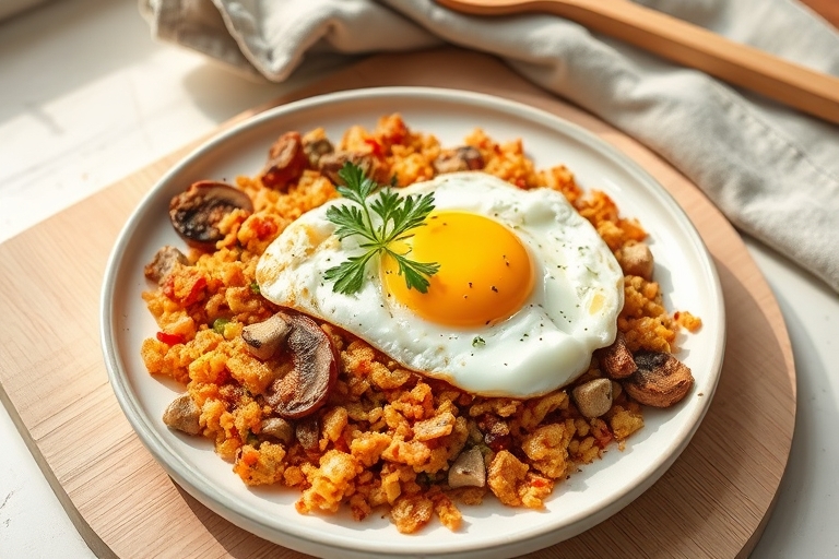 Bloemkoolrijst met ei en shiitake