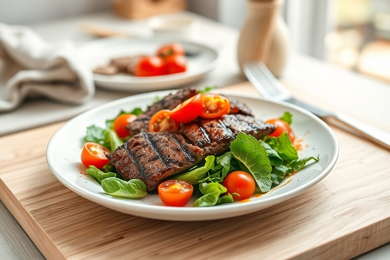 Gegrilde salade met biefstuk