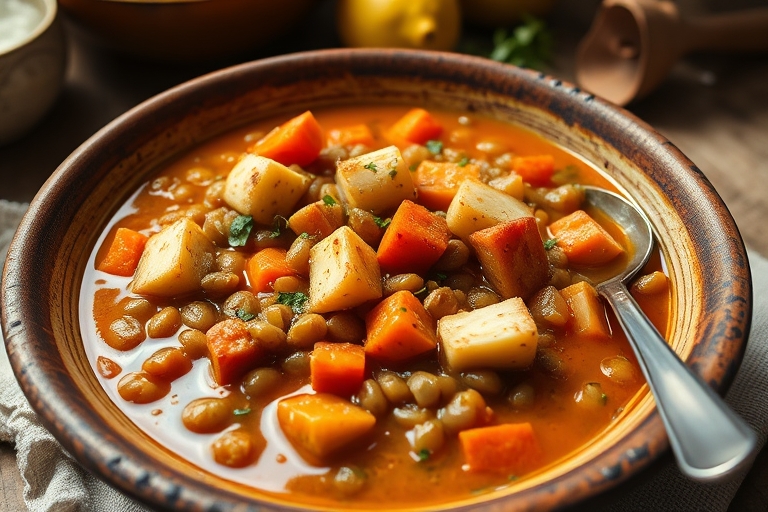 Linzenstoof met prei en halloumi